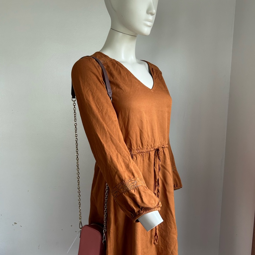 Old Navy Rust V-Neck Drawstring Waist Long Sleeve Dress M new